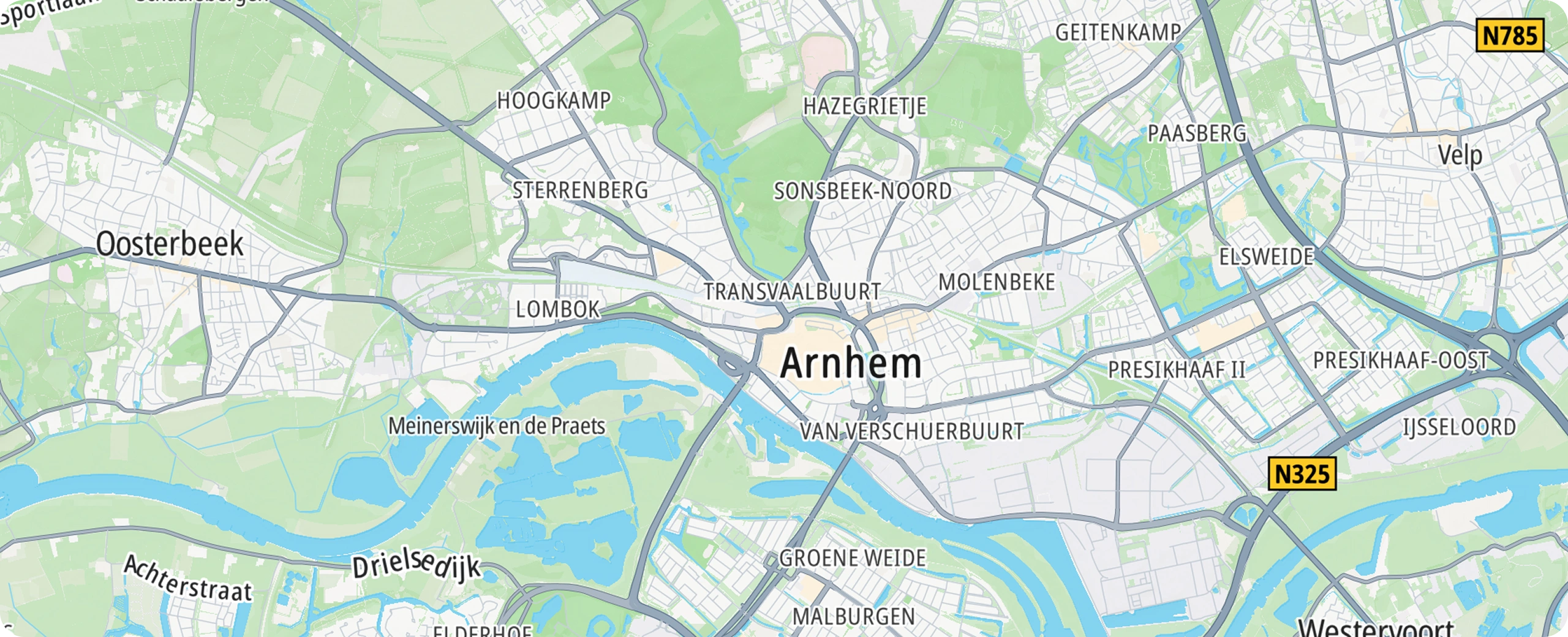 Een gekleurde Google-kaart van een stad in Nederland met wegen en straten.
